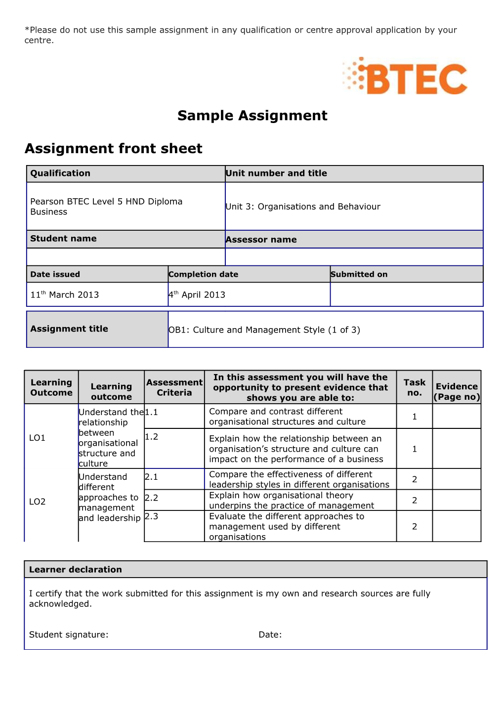 Business Sample Assignment