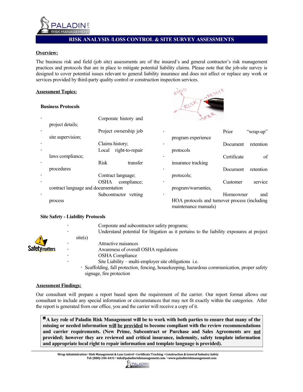 Risk Analysis/Loss Control & Site Survey Assessments