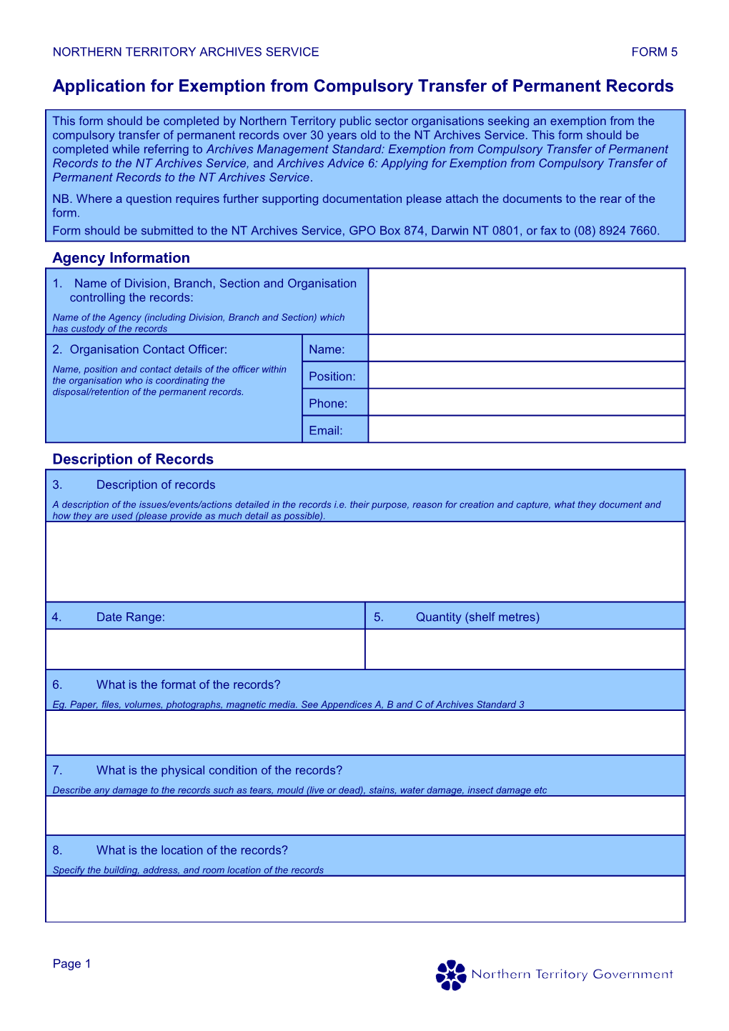 Record Class Description Form