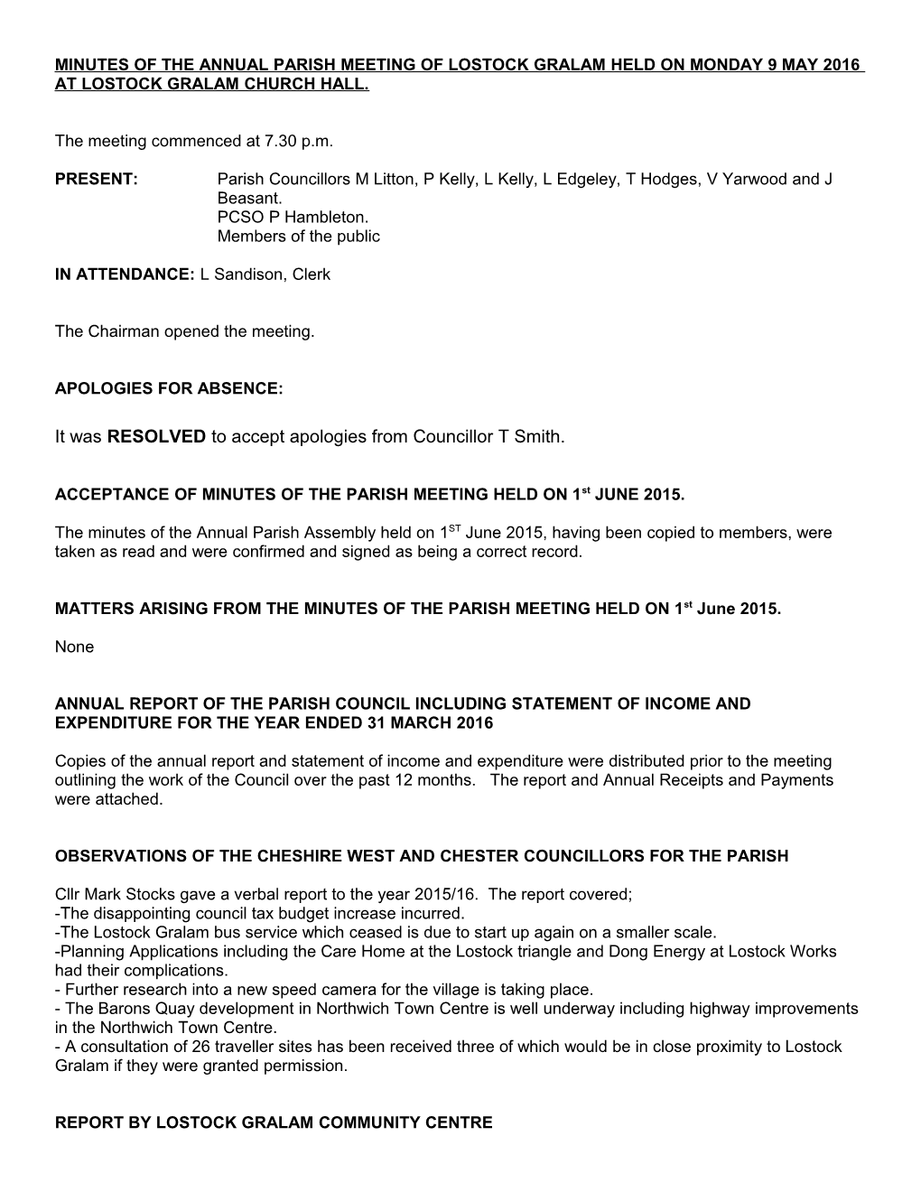 Minutes of the Annual Parish Assembly of Lostock Gralam Held on Wednesday 1 August 2001