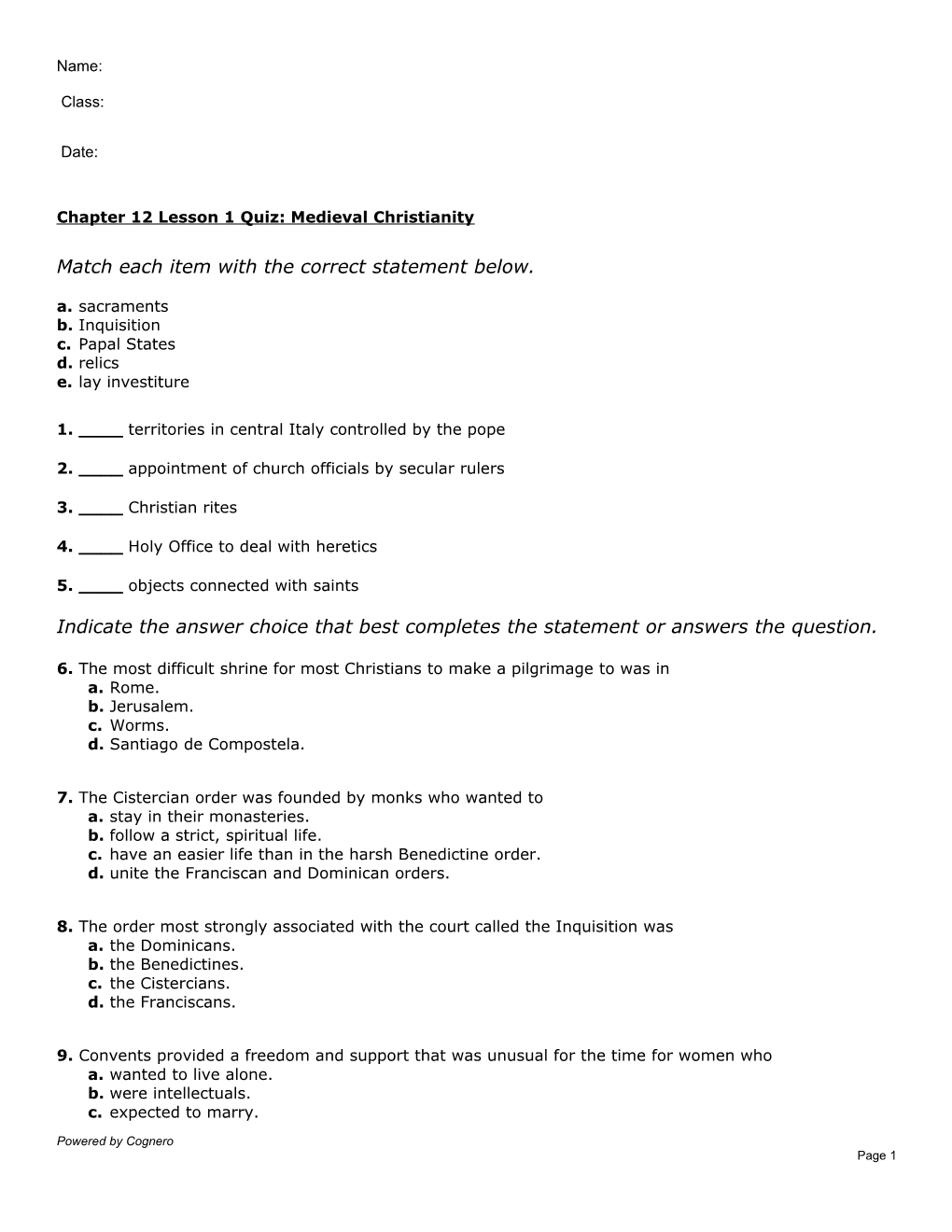 Chapter 12 Lesson 1 Quiz: Medieval Christianity