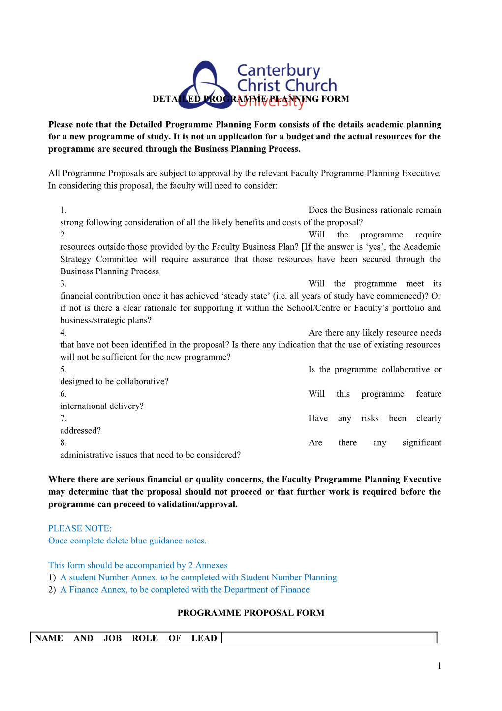 Detailed Programme Planning Form