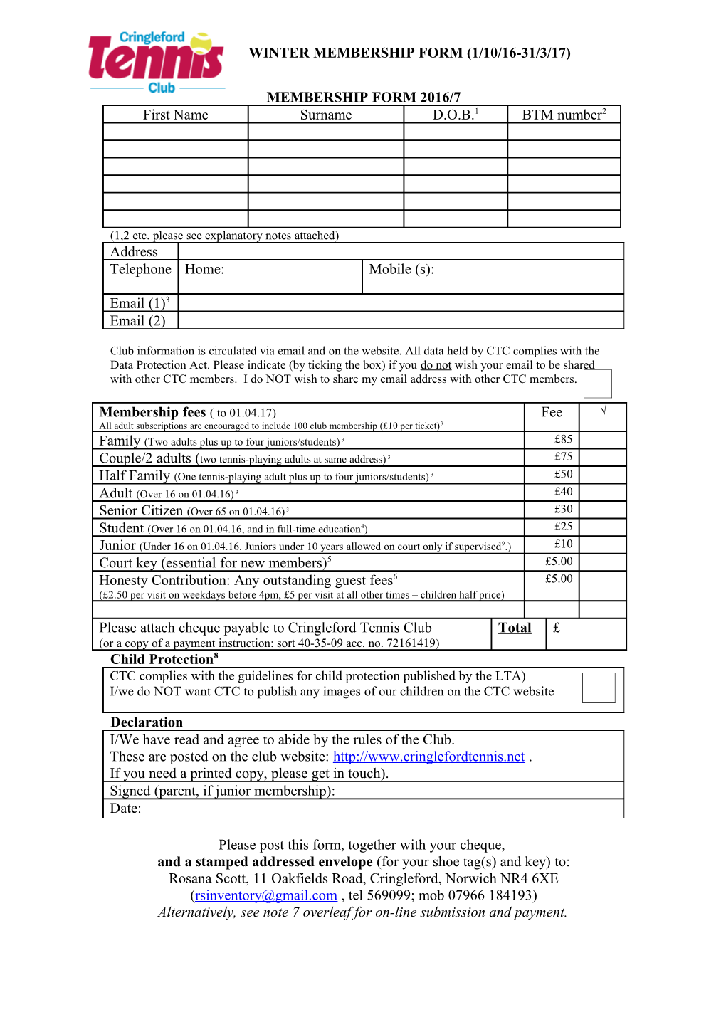 Cringleford Tennis Club Membership Form 2010/1
