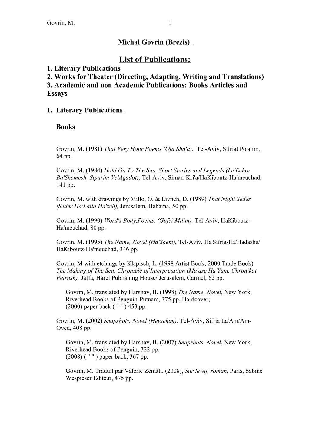 Michal Govrin (Brezis): List of Works and Publications