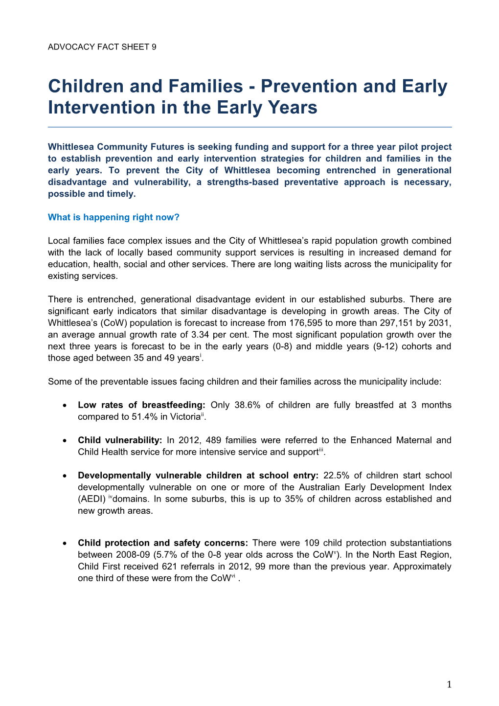 Children and Families - Prevention and Early Intervention in the Early Years