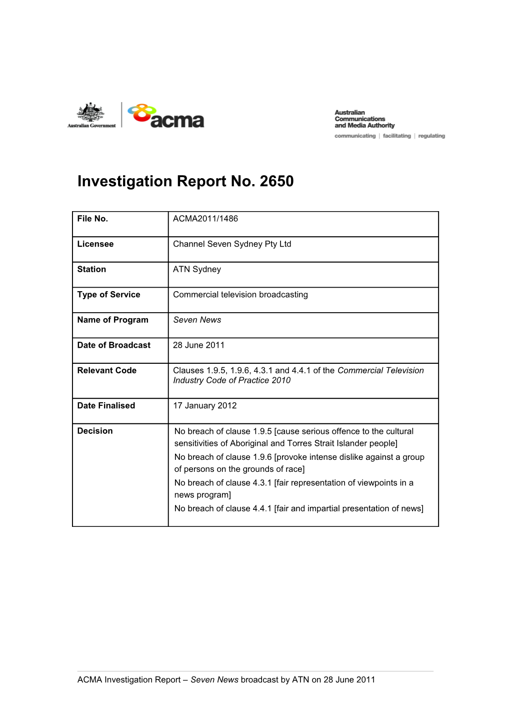 ATN Sydney - ACMA Investigation Report 2650