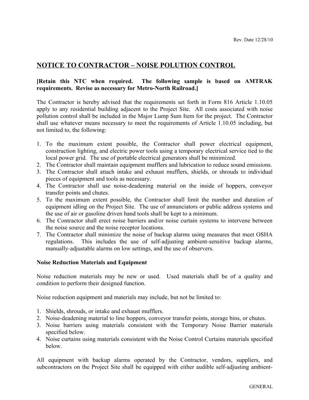 Notice to Contractor Noise Polution Control