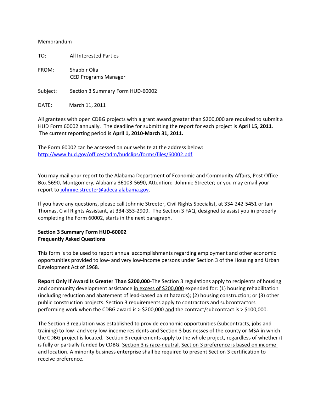 Memorandum Re 2011 Section 3 Compliance