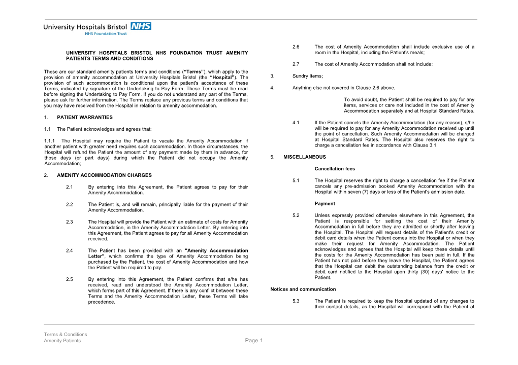 University Hospitals Bristol NHS Foundation Trust AMENITY Patients Terms and Conditions