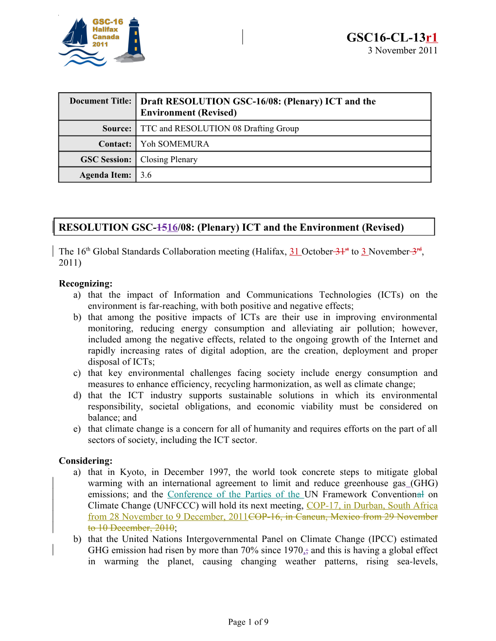 Draft Resolution GSC-16/08: (Plenary) ICT and the Environment (Revised)