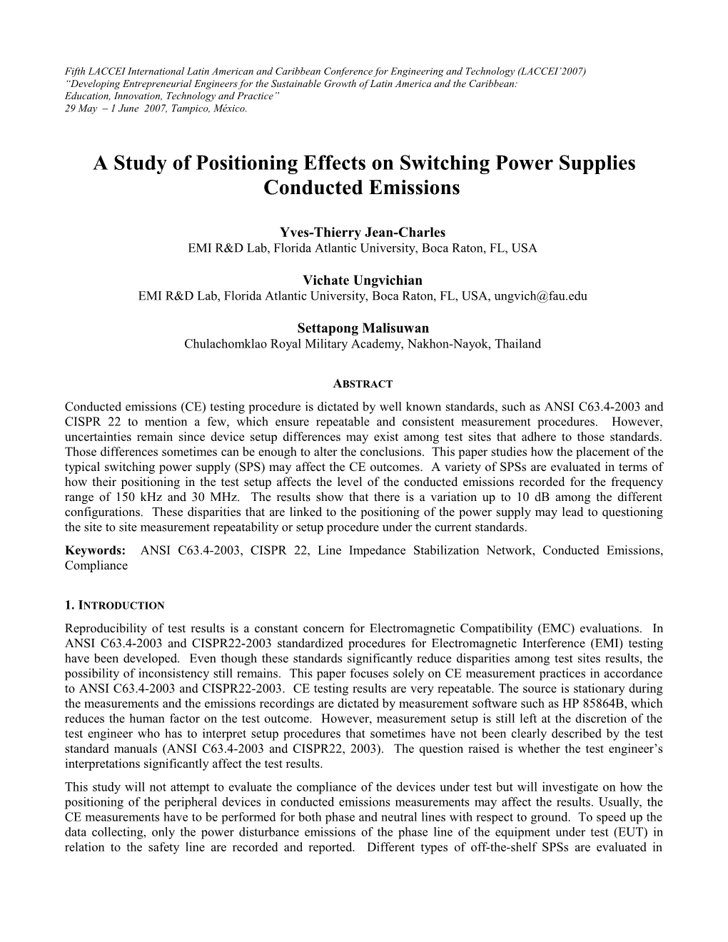 Study of the Effects of Position on Switching Power Supplies Conducted Emissions