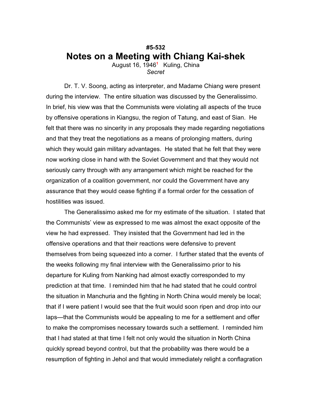 Notes on a Meeting with Chiang Kai-Shek