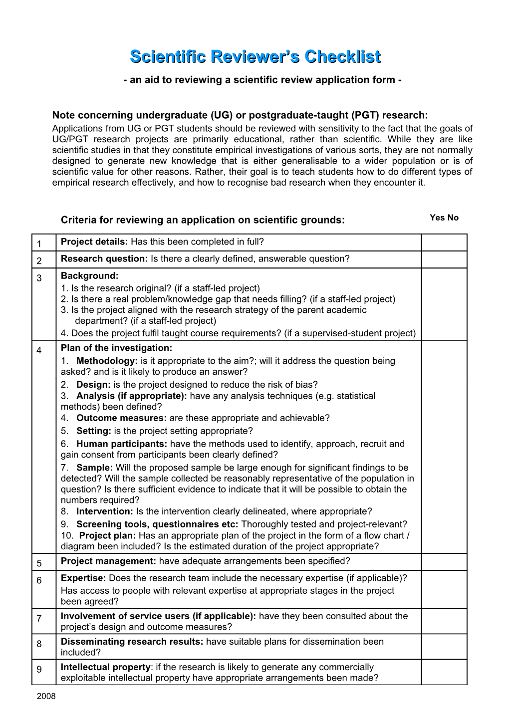 Reviewers Criteria and Grading