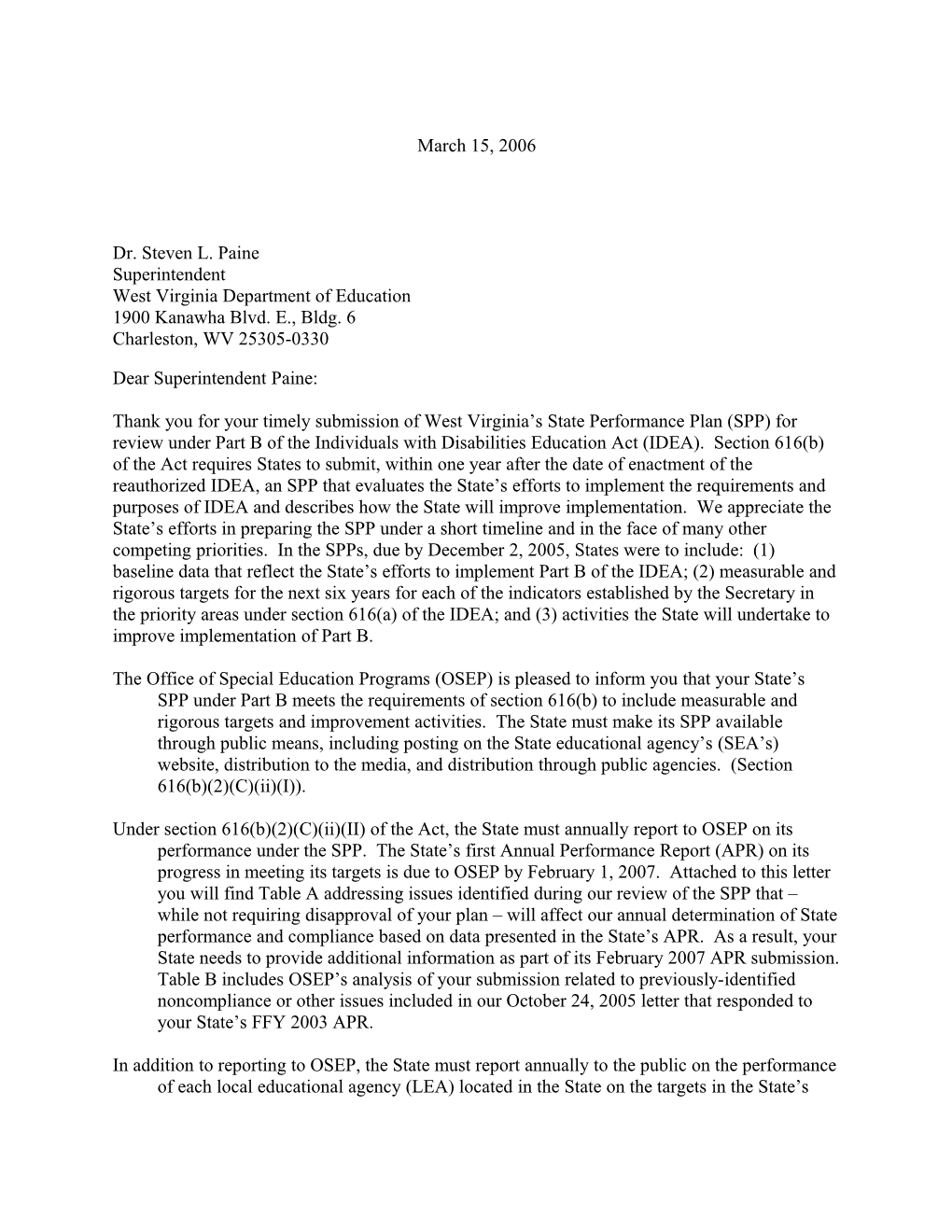 IDEA 2006 Part B West Virginia State Performance Plan OSEP Response (Msword)