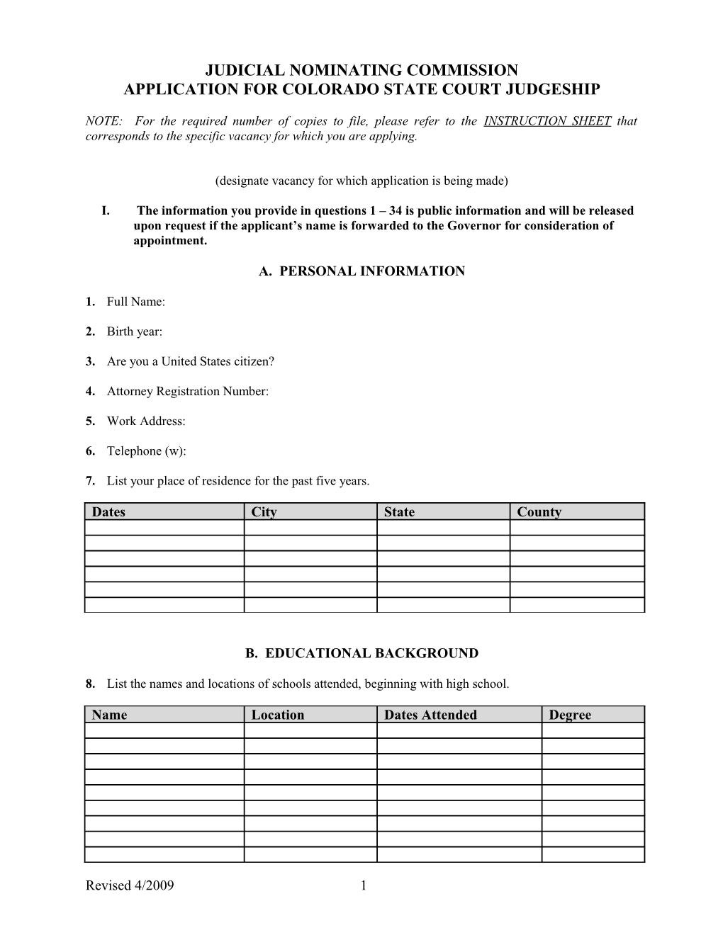 Application for Colorado State Court Judgeship