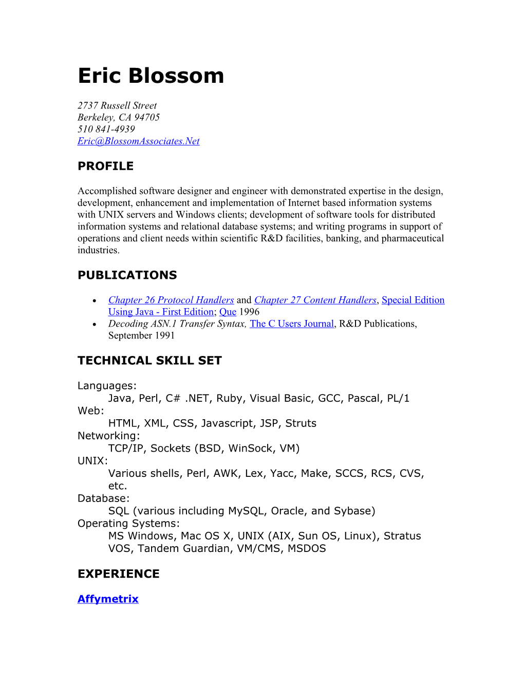 Eric Blossom - Java UNIX Internet Web Consultant