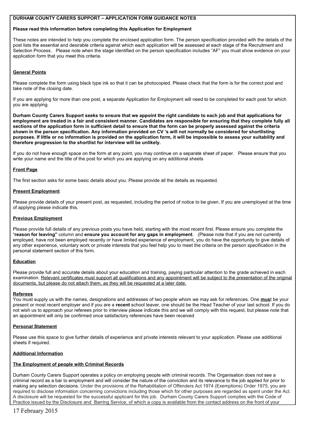Hurworth School Application Form Guidance Notes