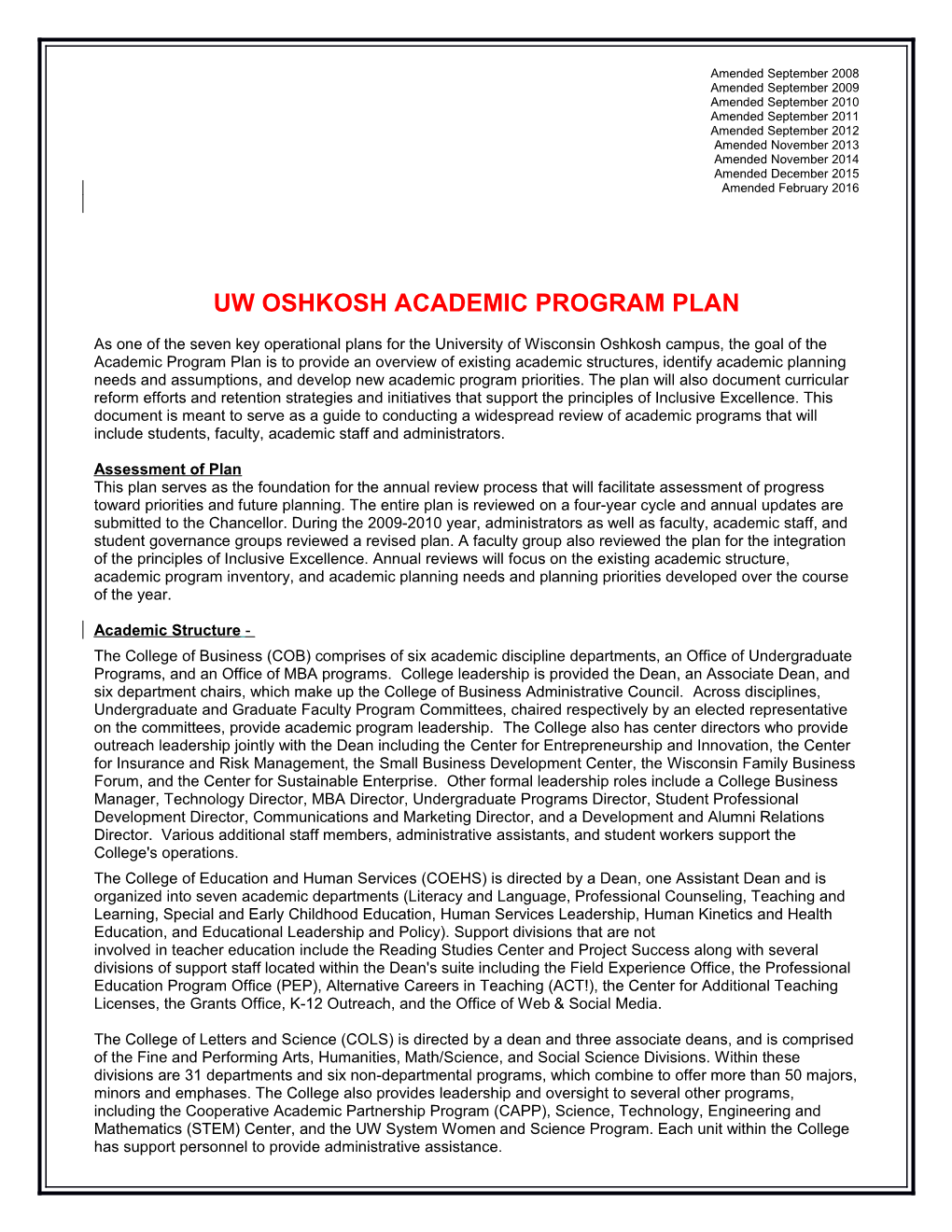 Uw Oshkosh Academic Program Plan