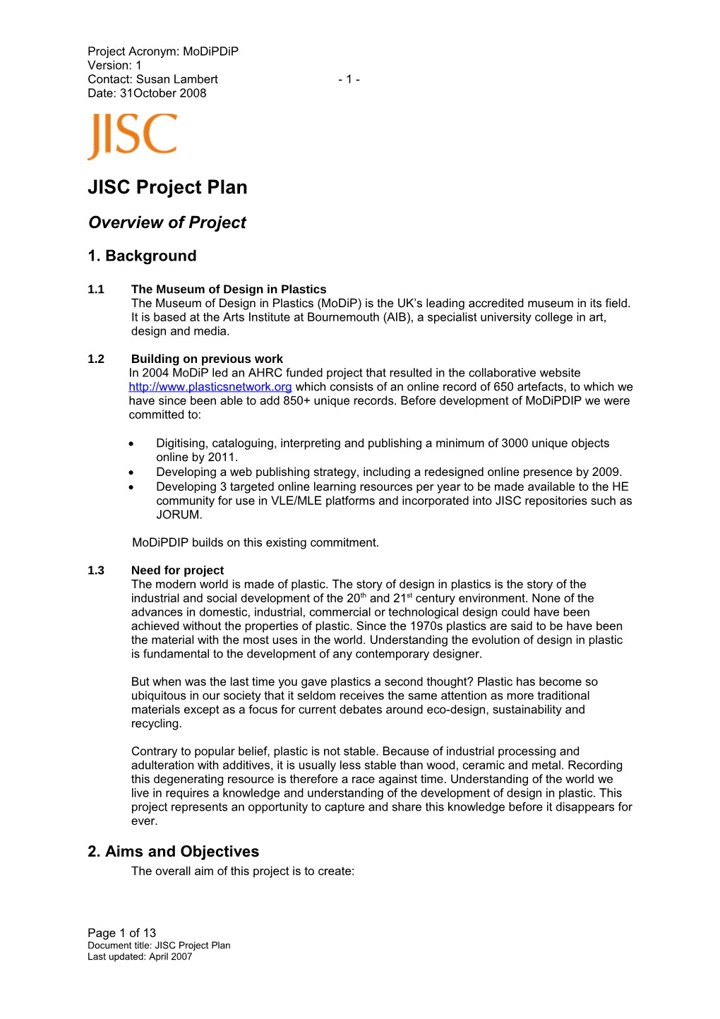 Modip JISC Project Plan