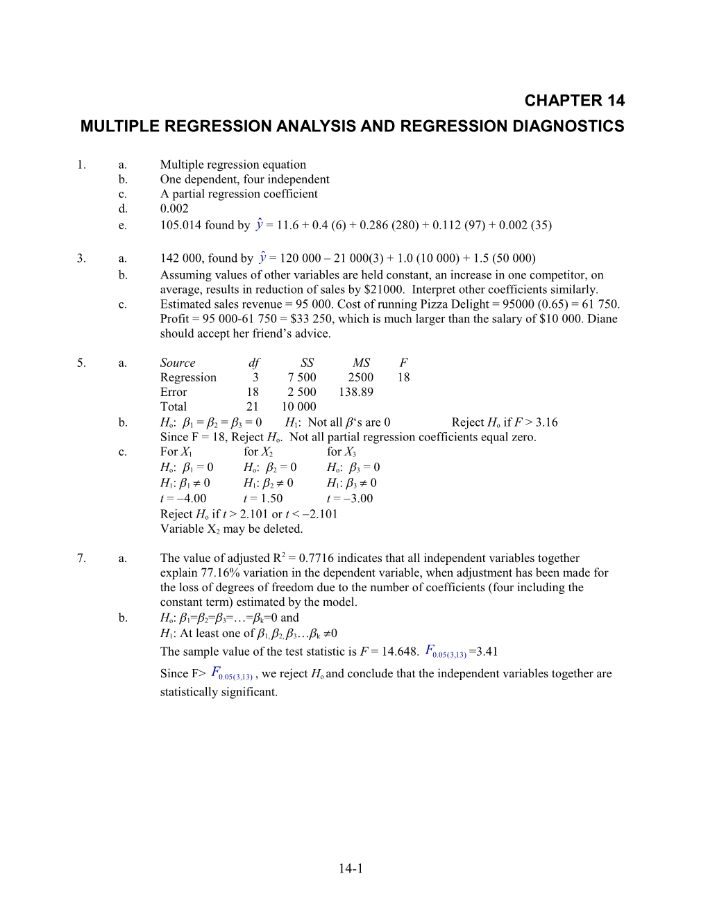 Multiple Regression Analysis and Regression Diagnostics