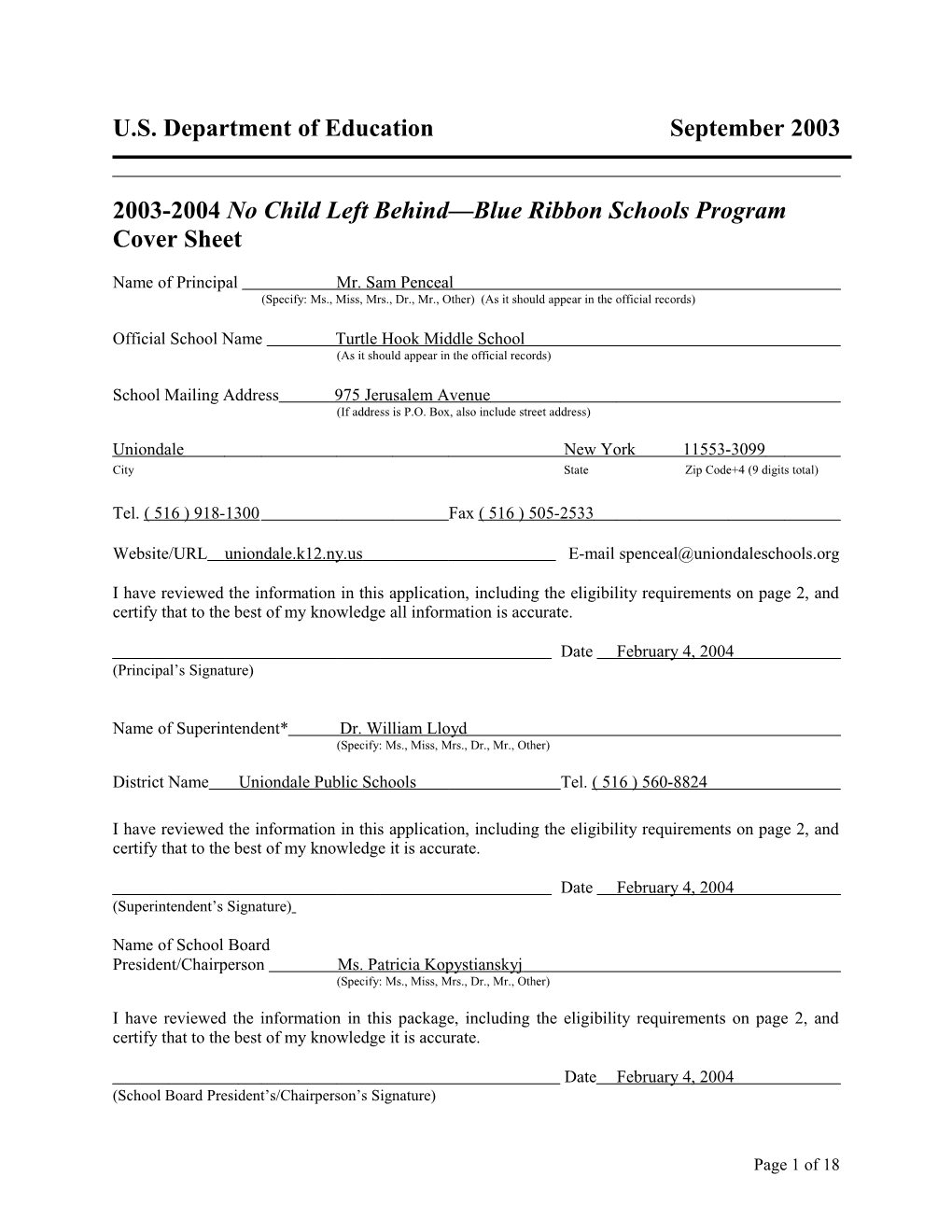 Turtle Hook Middle School 2004 No Child Left Behind-Blue Ribbon School Application (Msword)