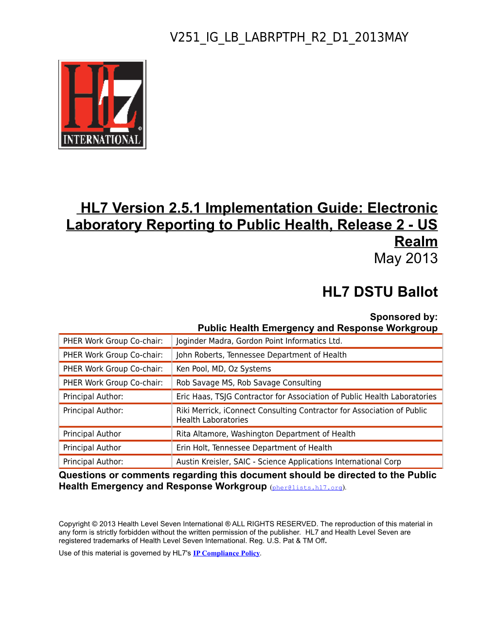 HL7 Version 2.5.1 Implementation Guide: Electronic Laboratory Reporting to Public Health