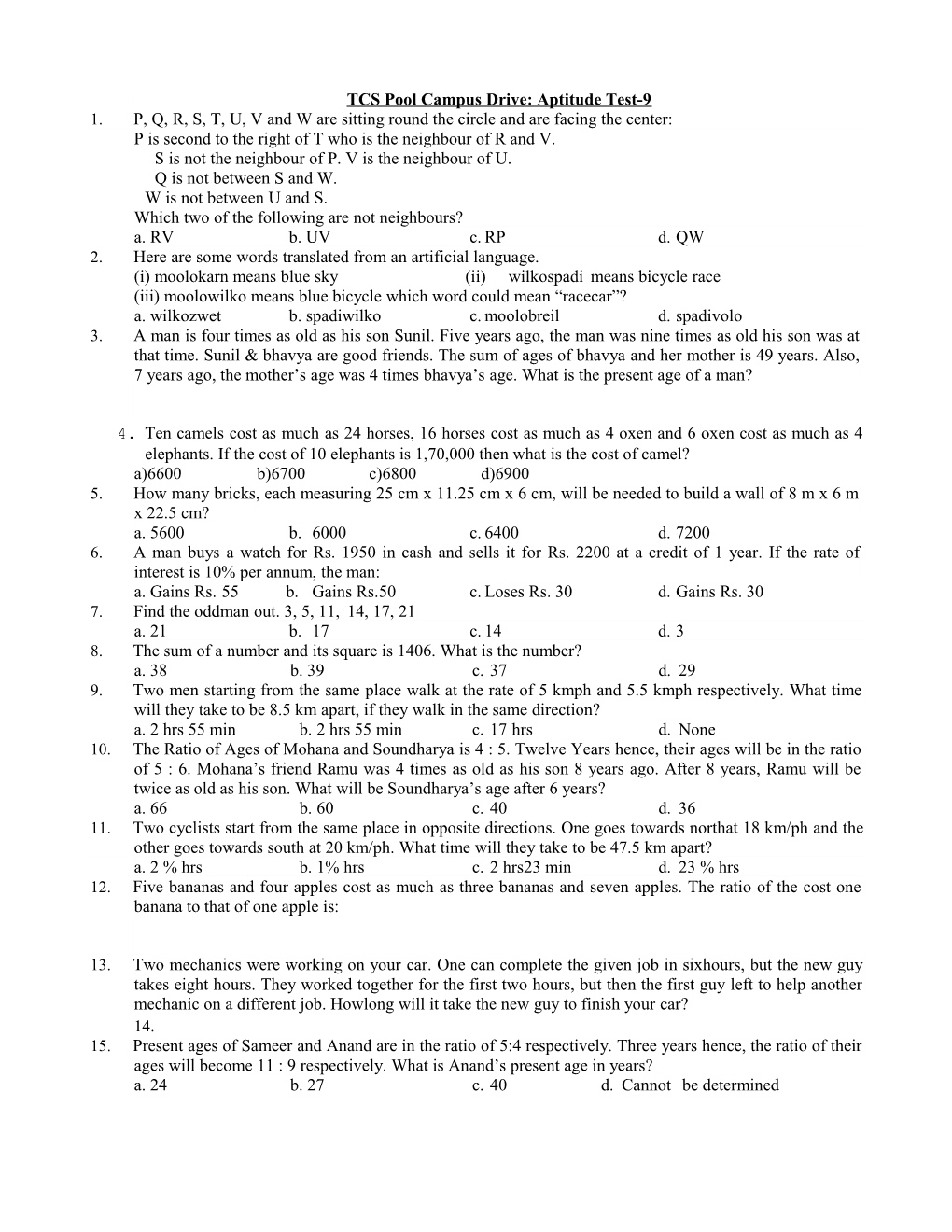 TCS Pool Campus Drive: Aptitude Test- 9