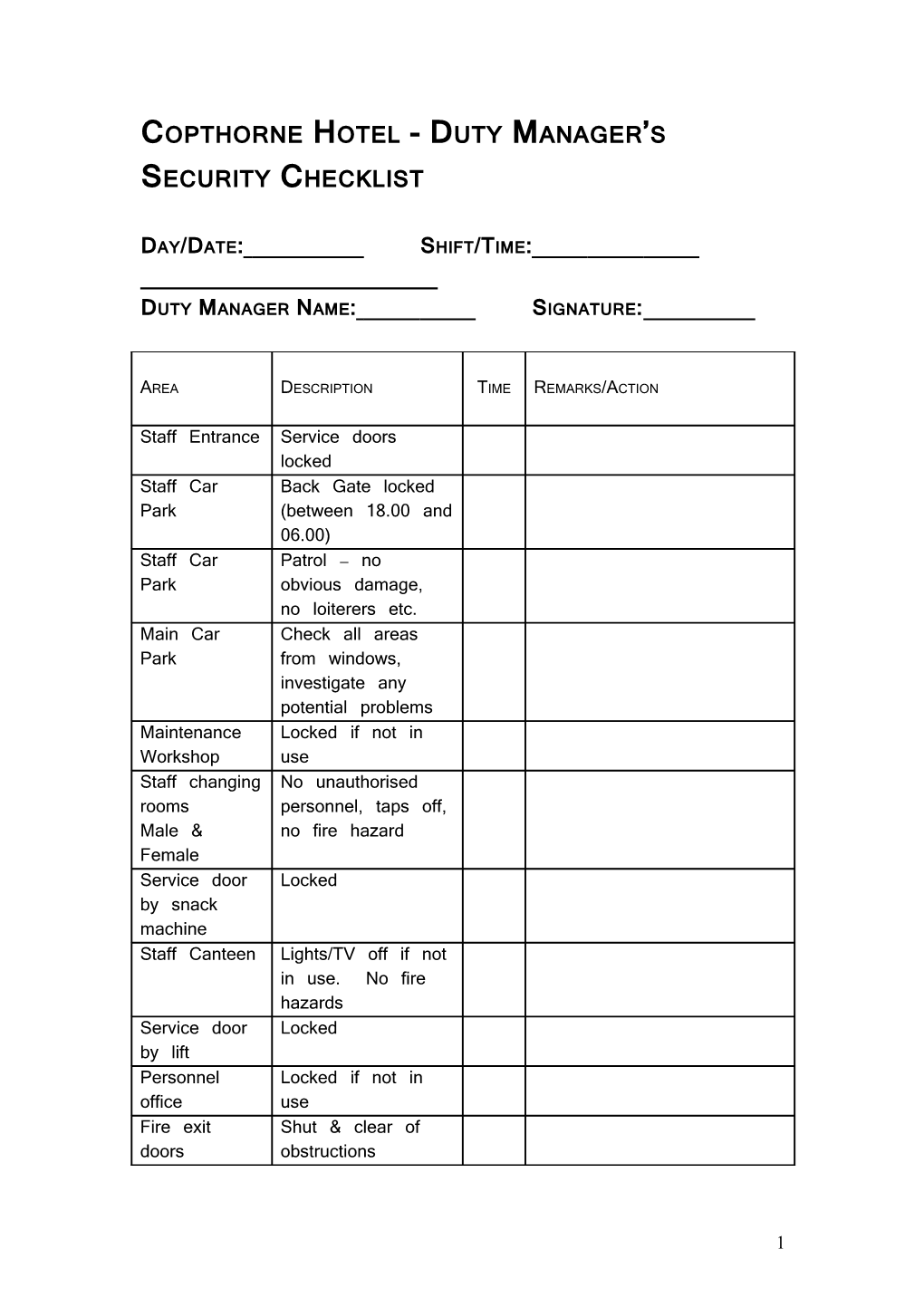 Copthorne Hotel - Duty Manager S Security Checklist