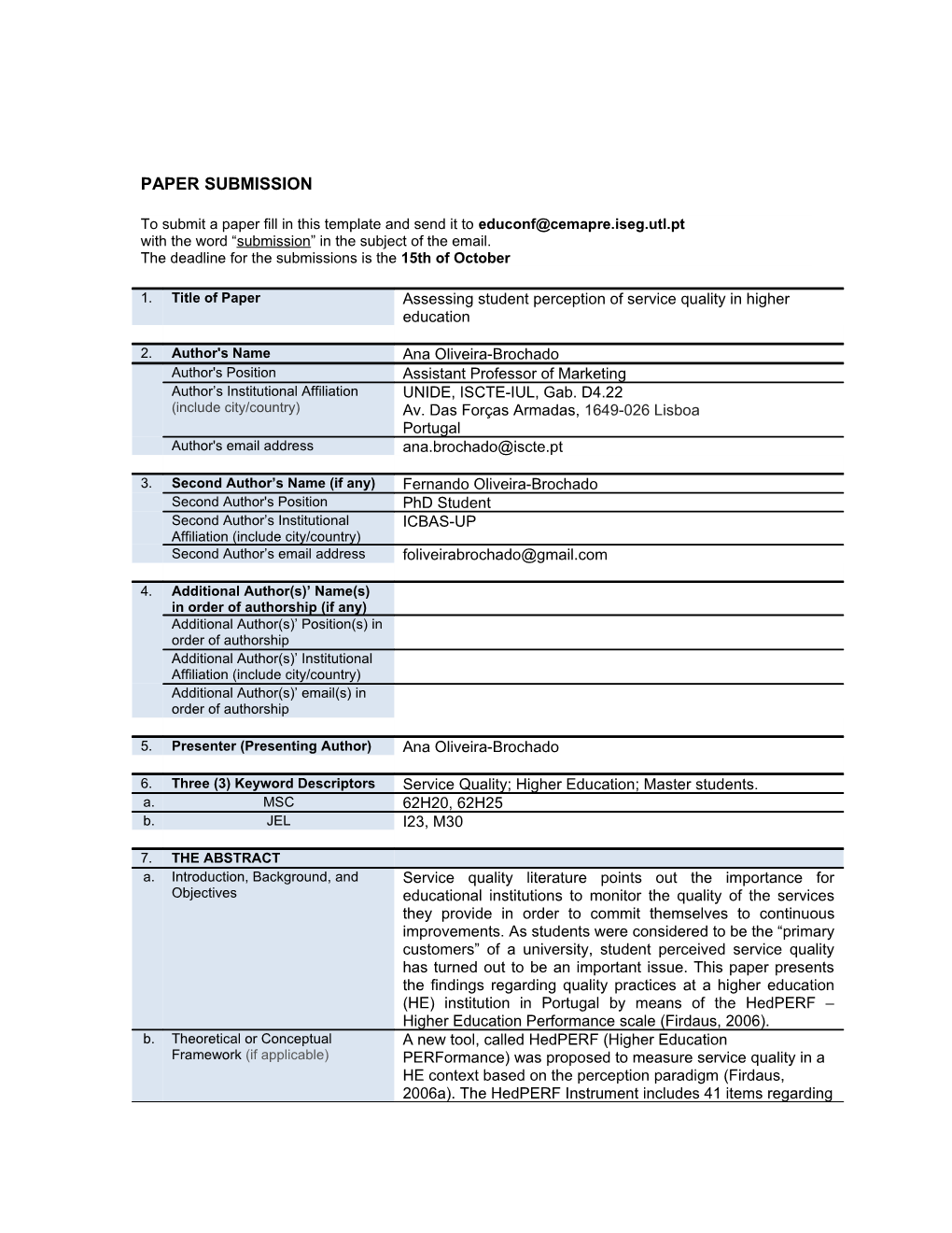 Paper Submission: 2012 Wera Focal Meeting