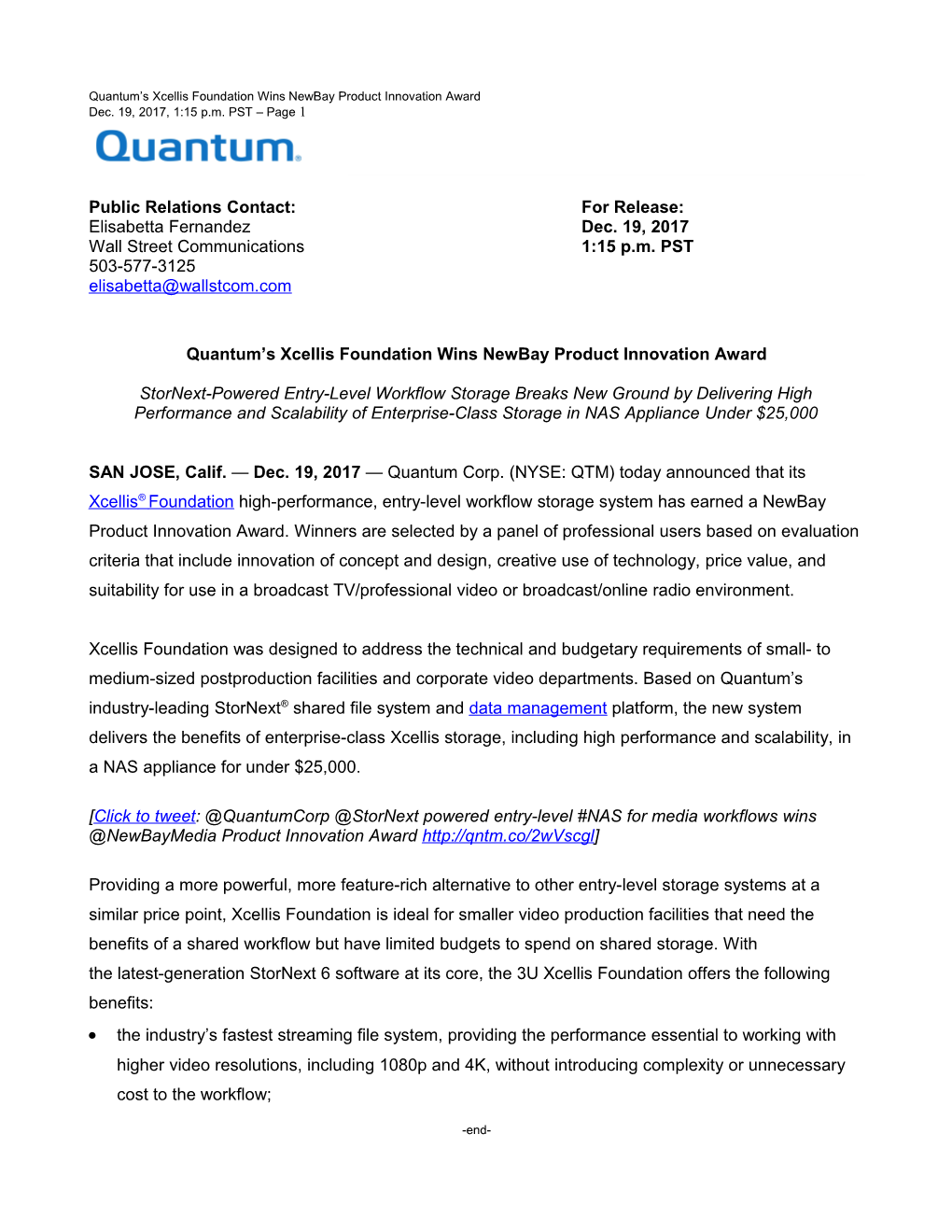 Quantum's Xcellis Foundation Wins Newbay Product Innovation Award