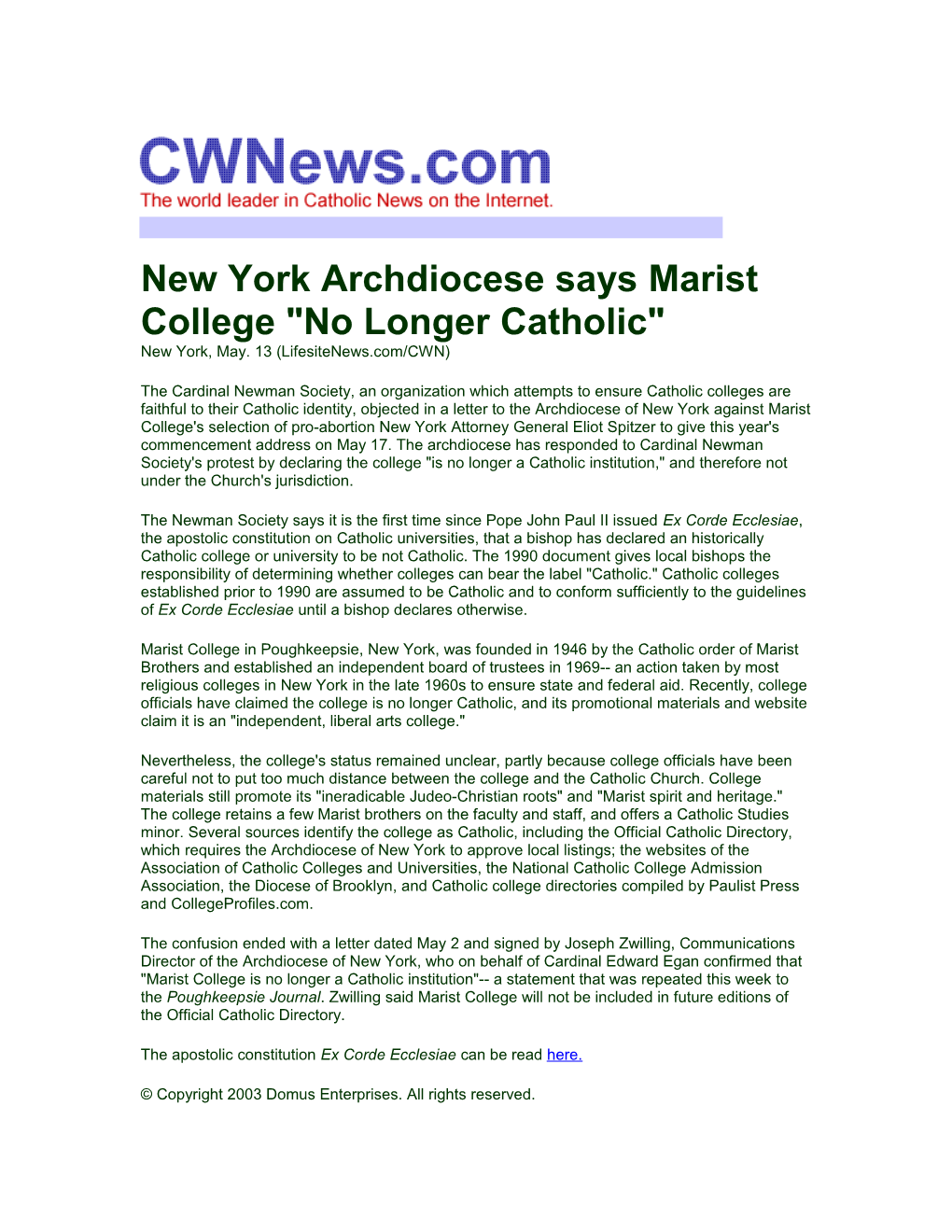 New York Archdiocese Says Marist College No Longer Catholic New York, May. 13