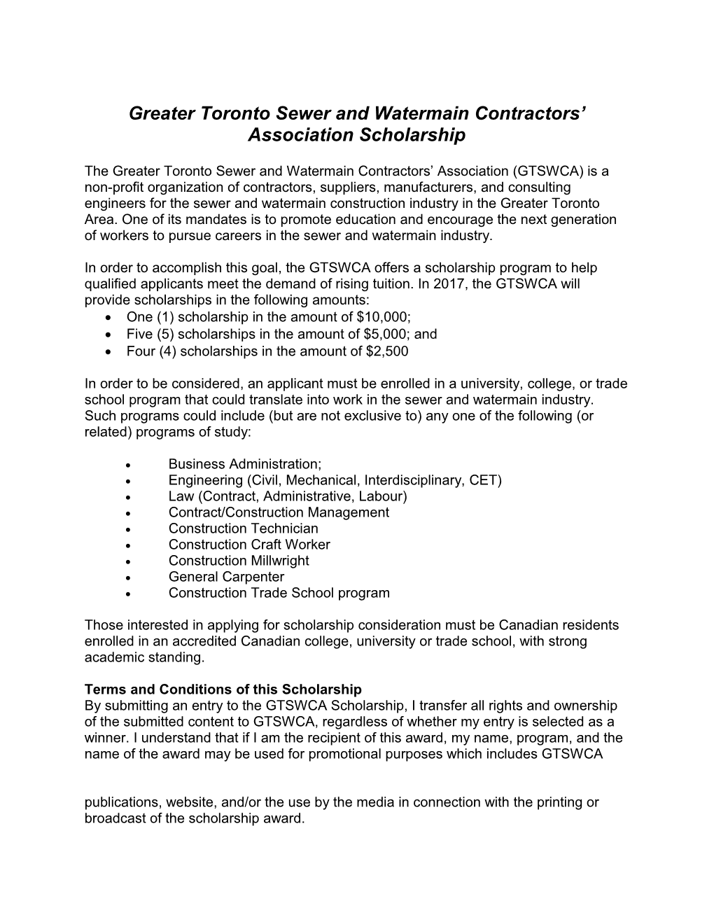 Greater Toronto Sewer and Watermain Contractors Association Scholarship