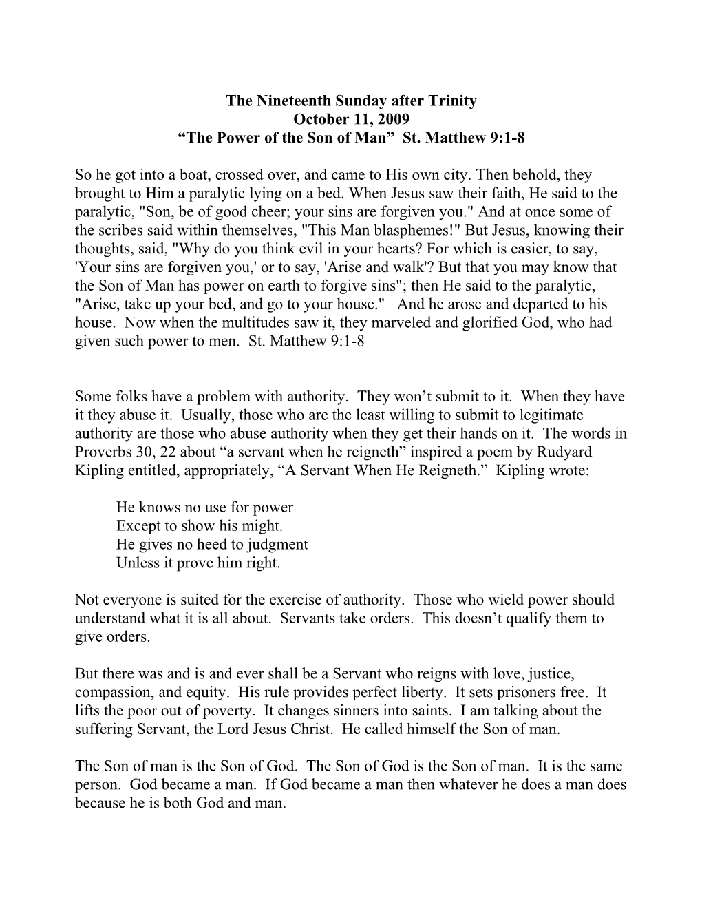 Trinity Nineteen Sermon 2009