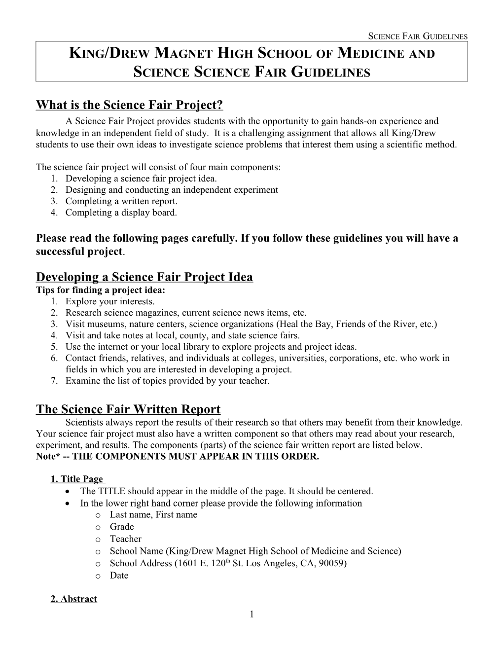 King/Drew Magnet High School of Medicine and Science Science Fair Guidelines