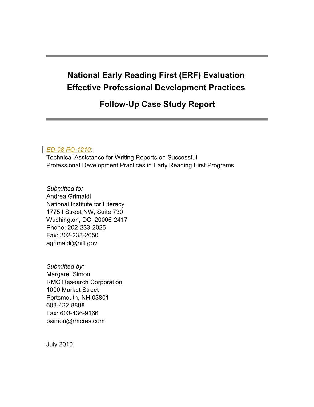 National Early Reading First (ERF) Evaluation