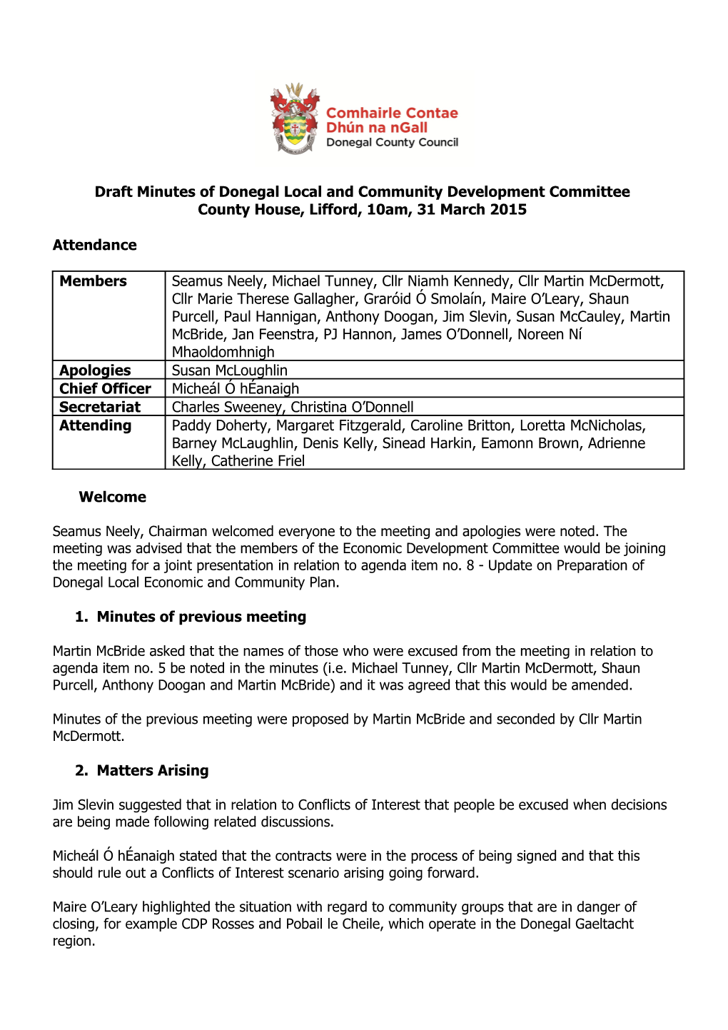 Draft Minutes of Donegal Local and Community Development Committee