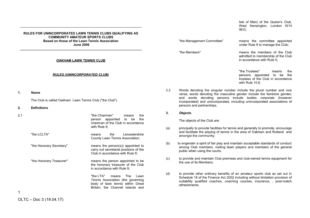 Rules for Unincorporated Lawn Tennis Clubs Qualifying As Community Amateur Sports Clubs