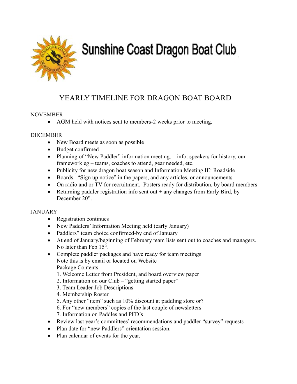 Yearly Timeline for Dragon Boat Board