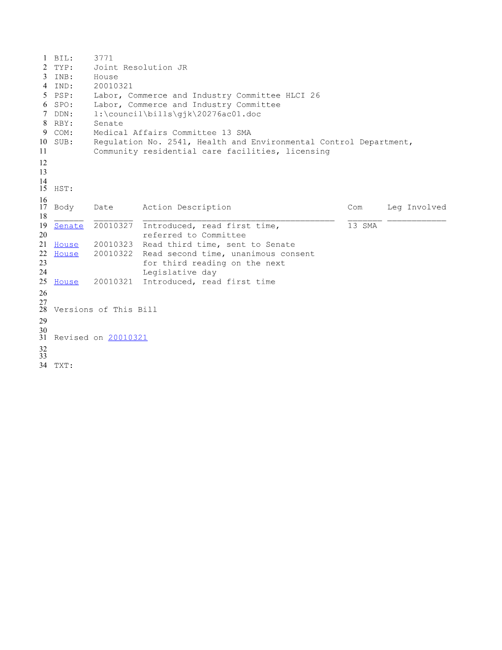 2001-2002 Bill 3771: Regulation No. 2541, Health and Environmental Control Department