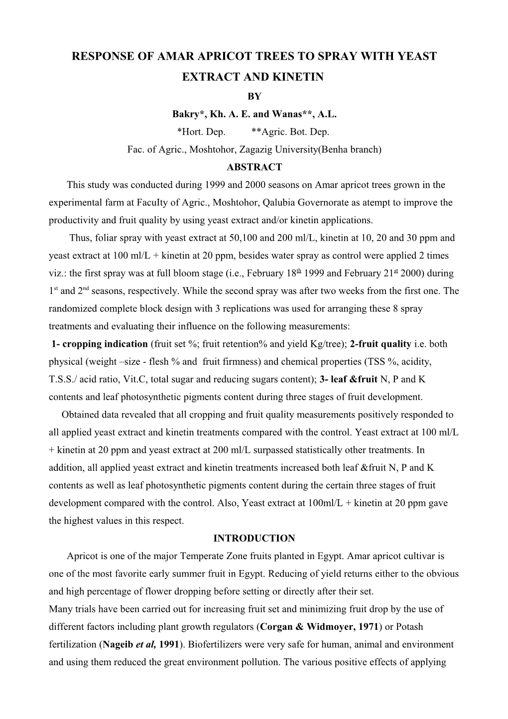 Influence of Spraying Yeast Extract and Kinetin on Productivity of Amar Apricot Cultivar