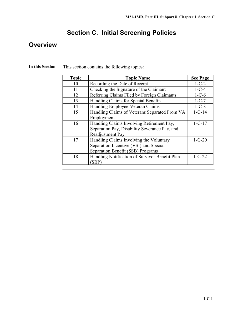 Part III, Subpart Ii, Chapter 1, Section C. Initial Screening Policies