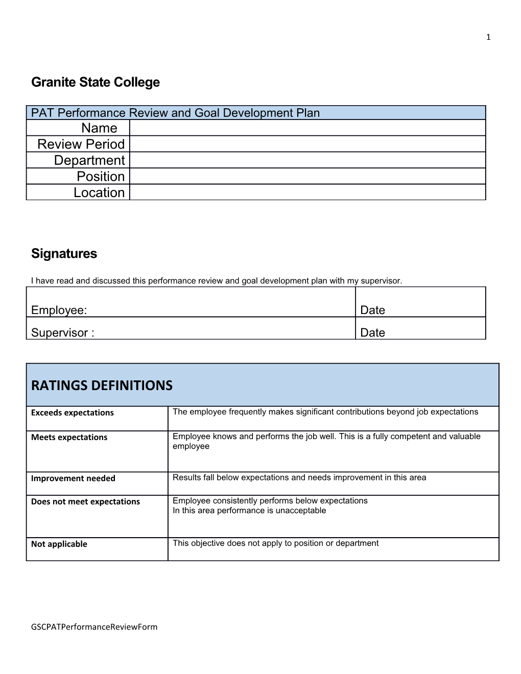 PAT Performance Review and Goal Development Plan