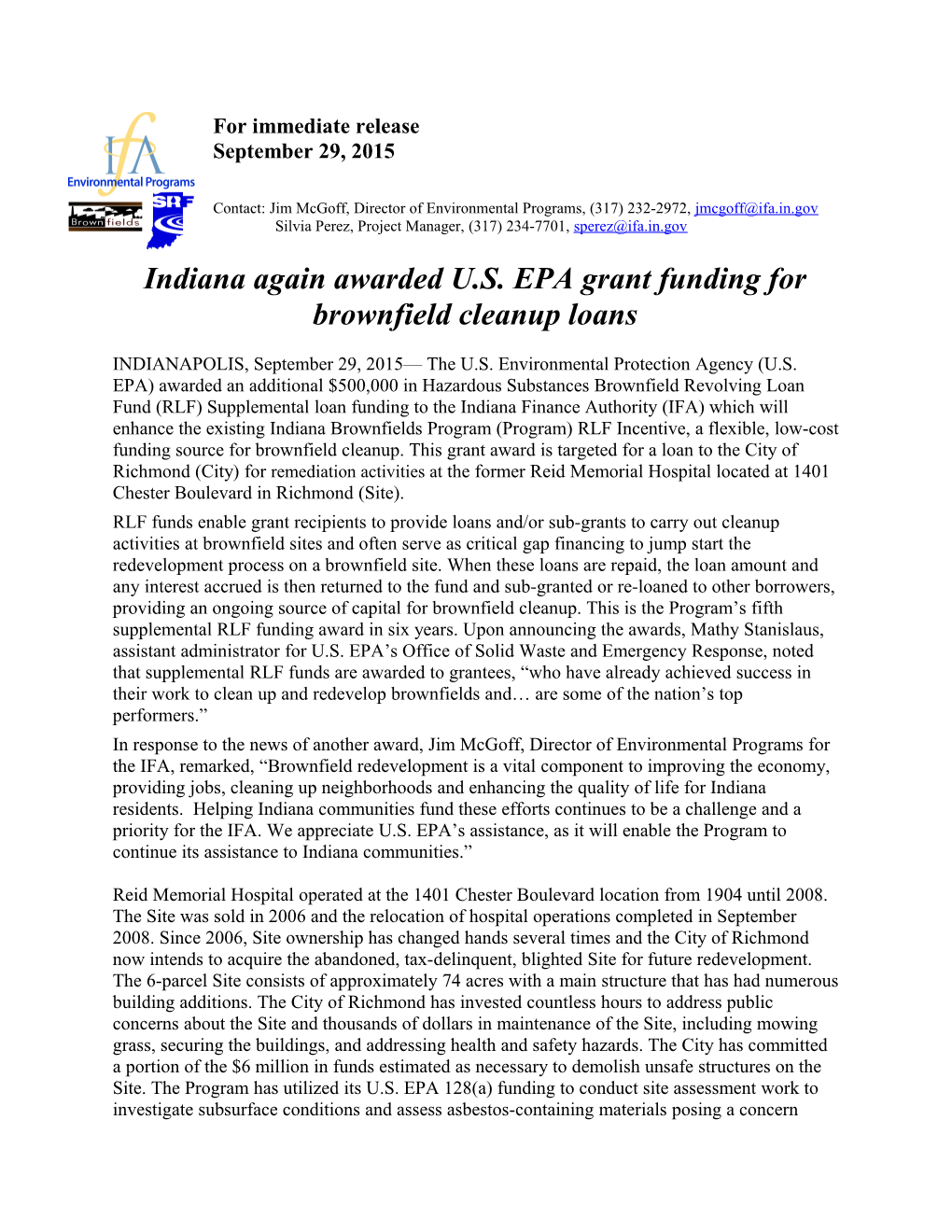 Indiana Again Awarded U.S. EPA Grant Funding for Brownfield Cleanup Loans