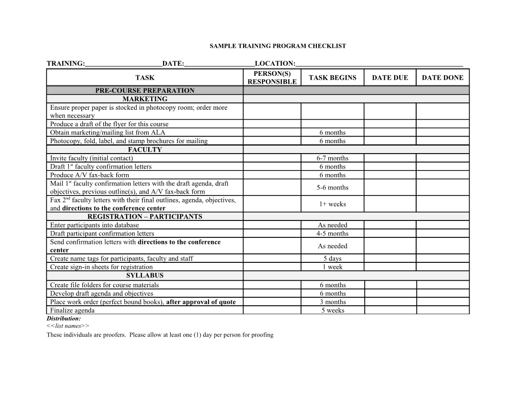 Tool #____ Sample Training Program Checklist