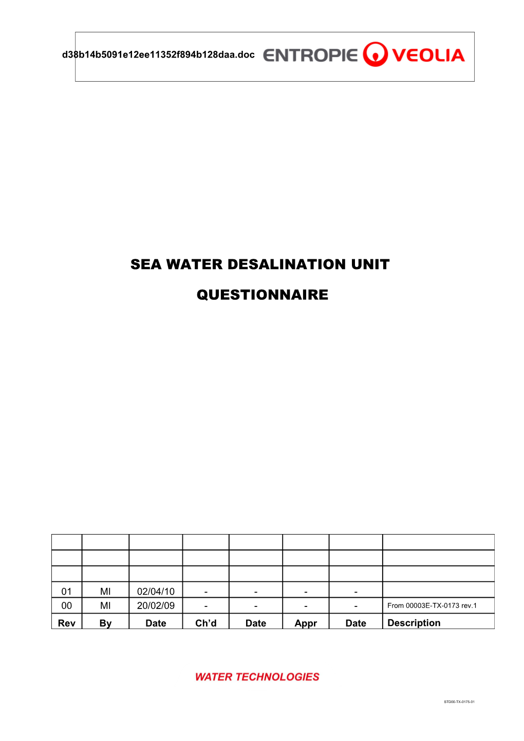 Sea Water Desalination Unit
