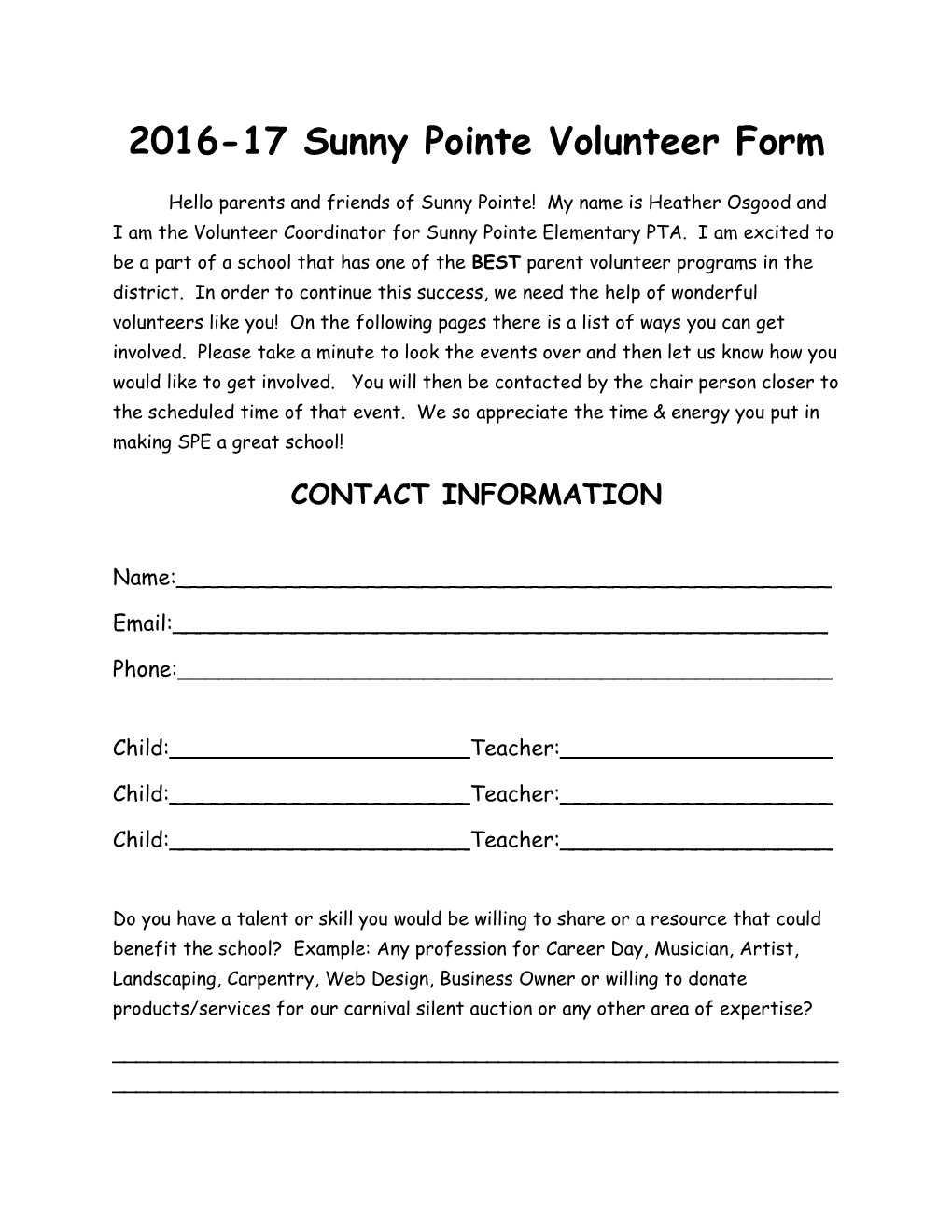 2016-17 Sunny Pointe Volunteer Form