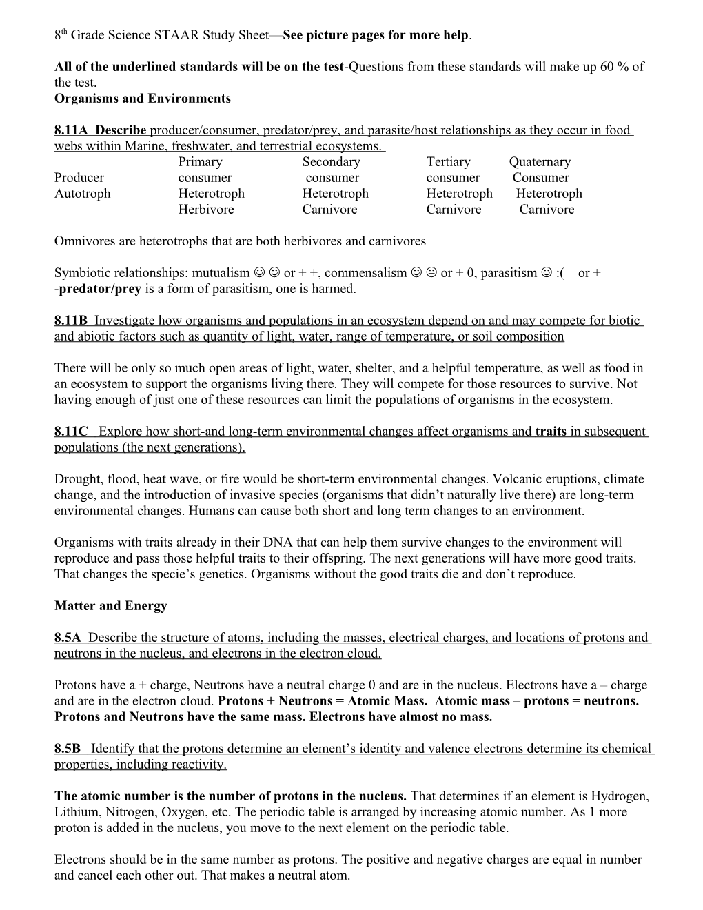 8Th Grade Science STAAR Study Sheet