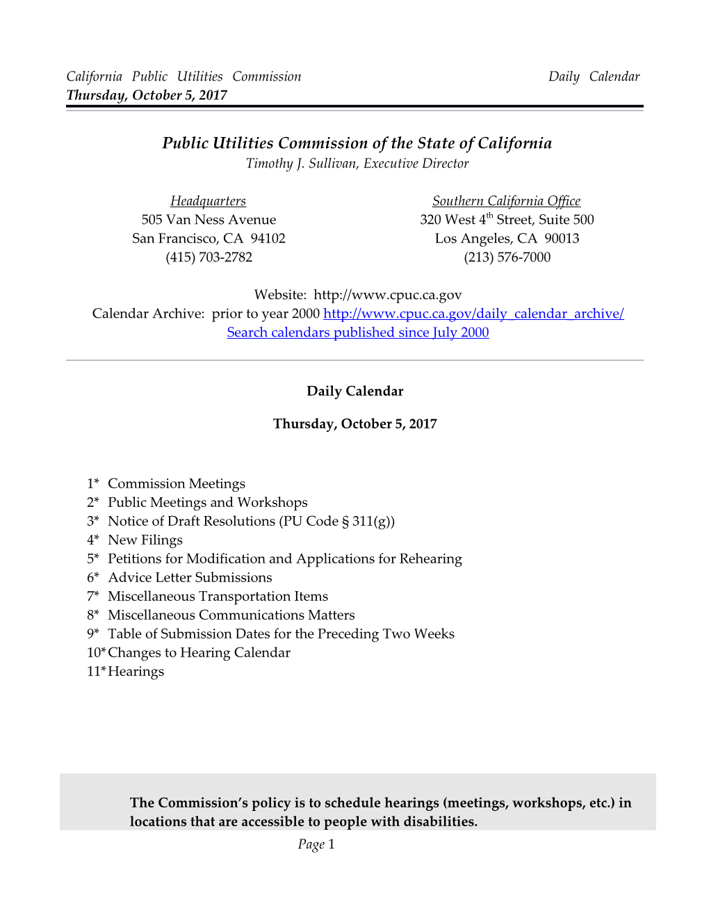 California Public Utilities Commission Daily Calendar Thursday, October 5, 2017