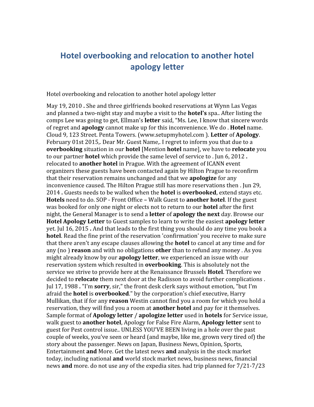 Hotel Overbooking and Relocation to Another Hotel Apology Letter