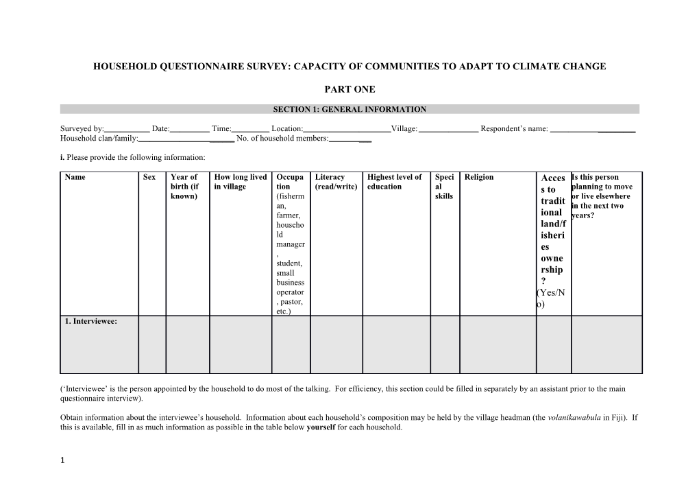 Household Questionnaire Survey: Capacity of Communities to Adapt to Climate Change